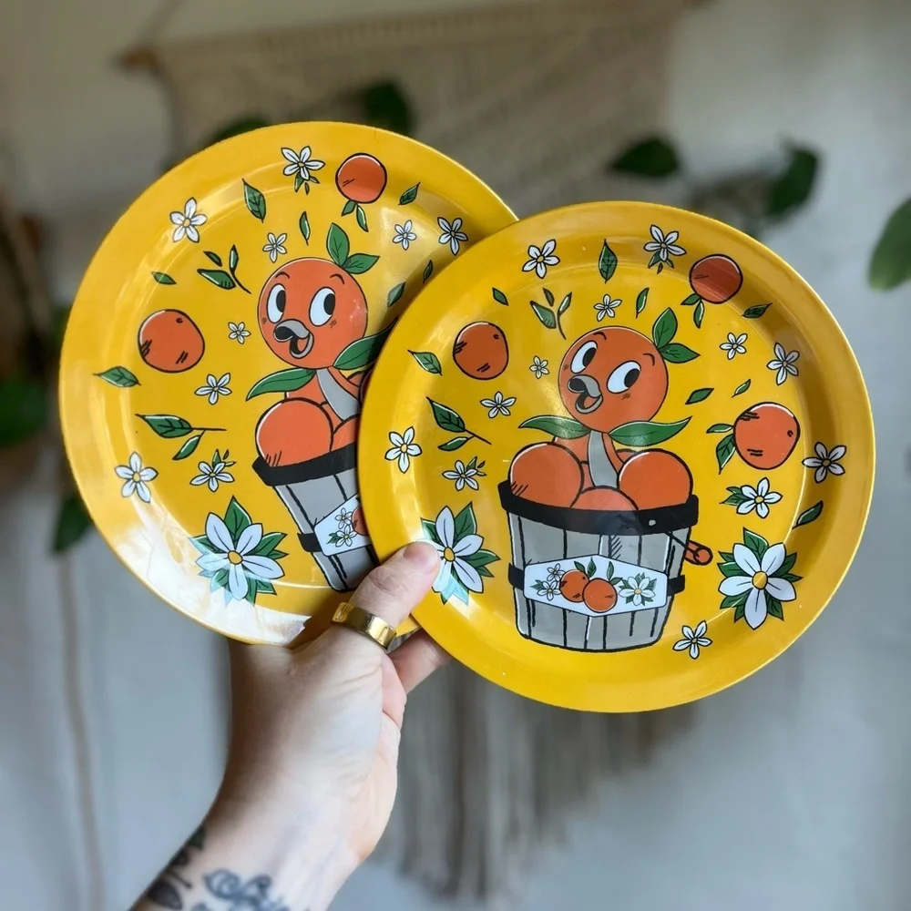 Disney Vintage Orange Bird Plates Set of 2 Yellow Floral Citrus 8”